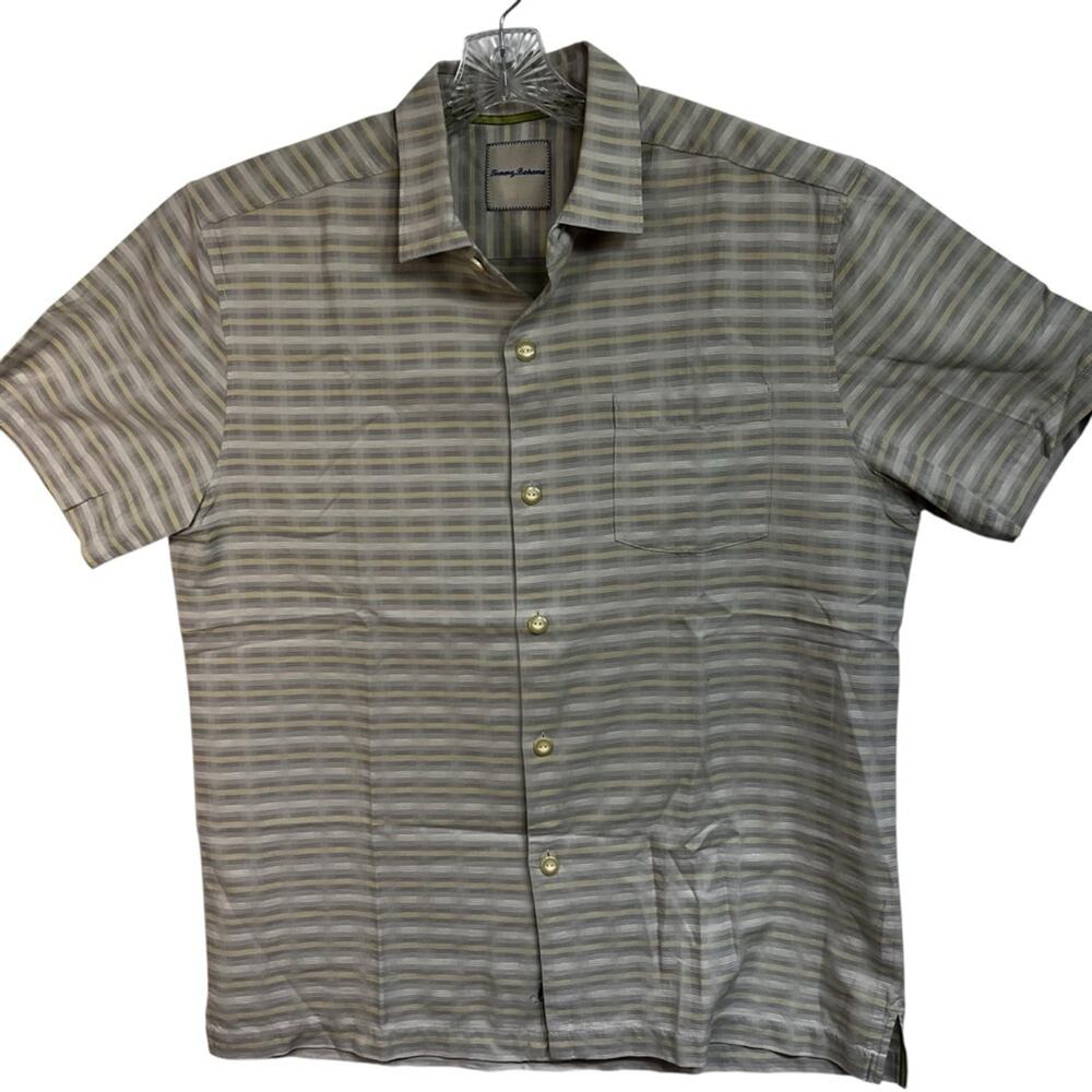 Tommy Bahama Silk Cotton Camp Shirt, Short Sleeved Large | Neutral Plaid